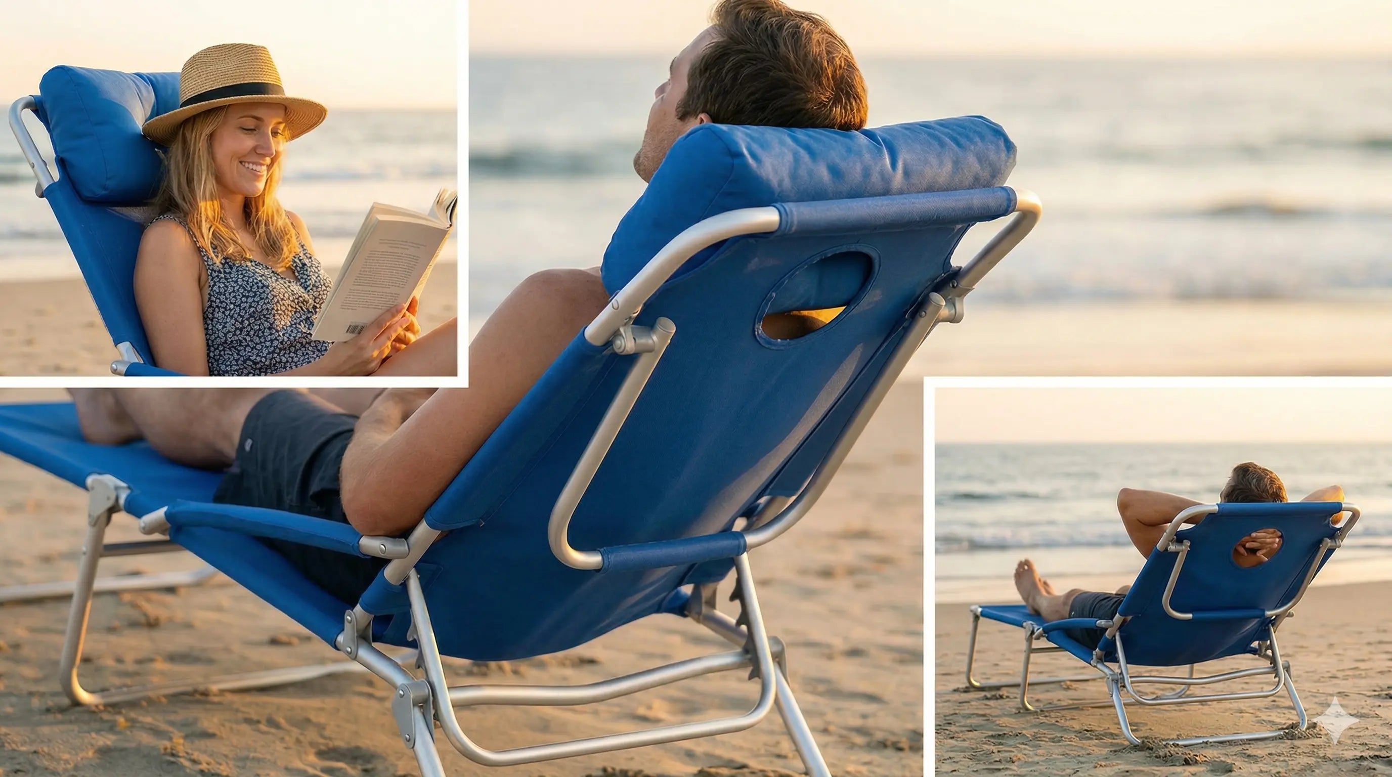 Blue beach chair with a person using it on a sandy beach.