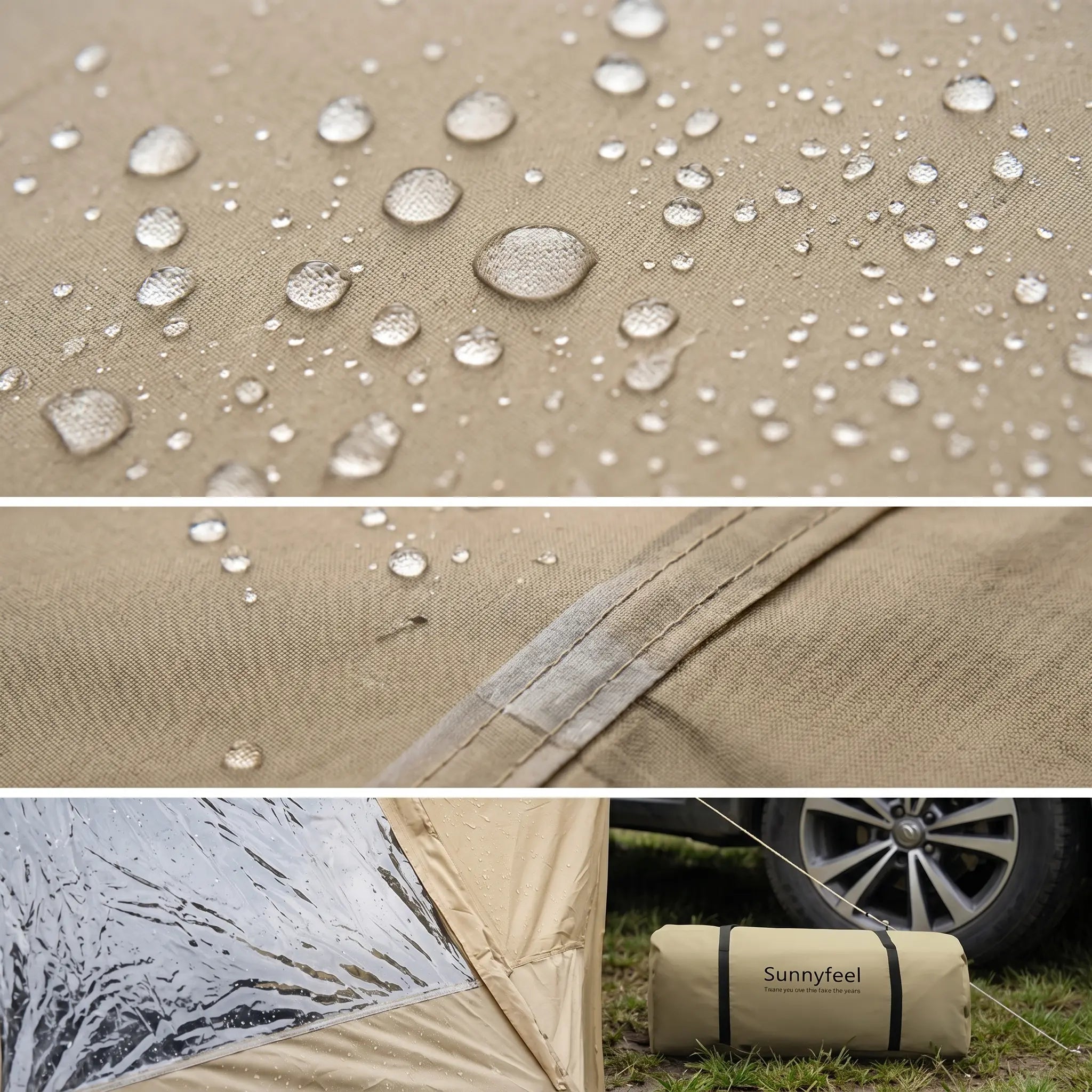 Collage of water droplets on fabric, close-up of fabric texture, rolled-up fabric with 'Sunnyfeel' branding, and fabric draped over a car.