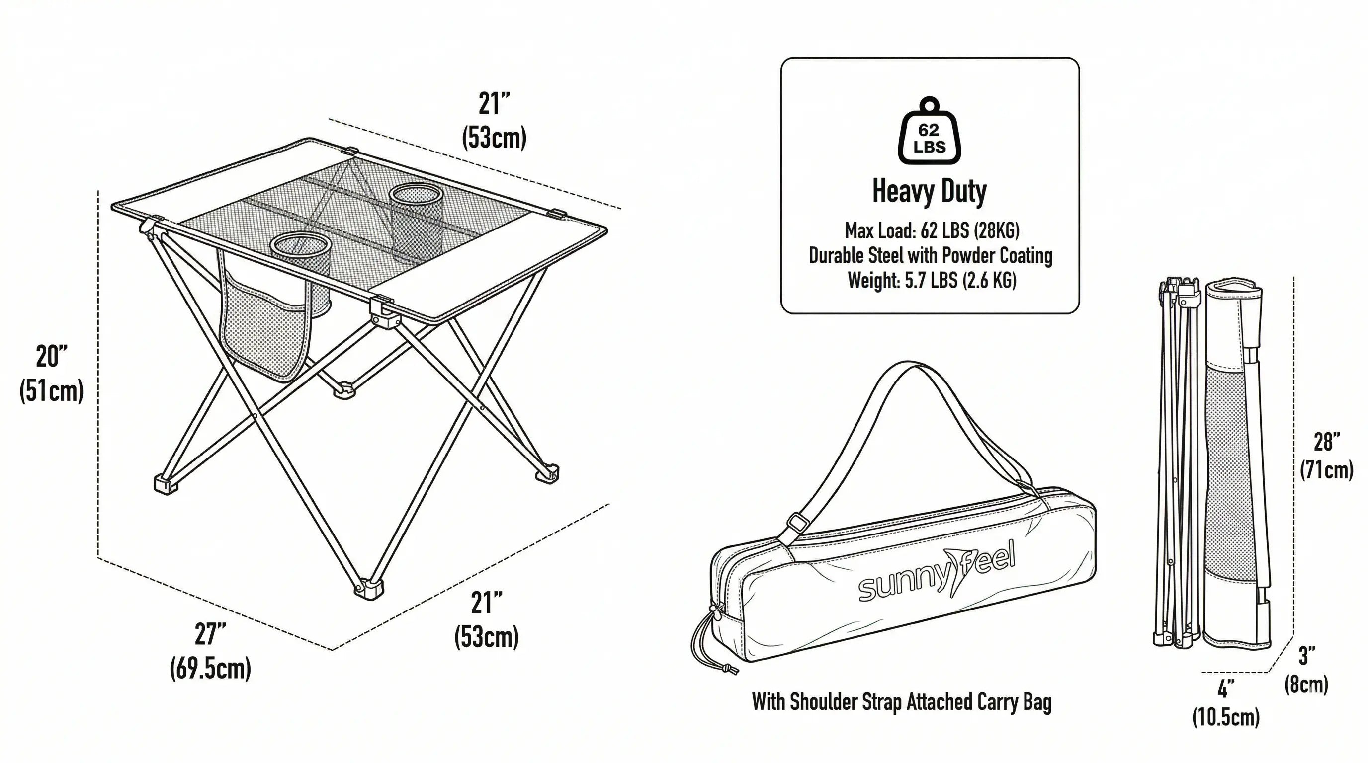 Camping table with dimensions, carrying bag, and specifications on a white background