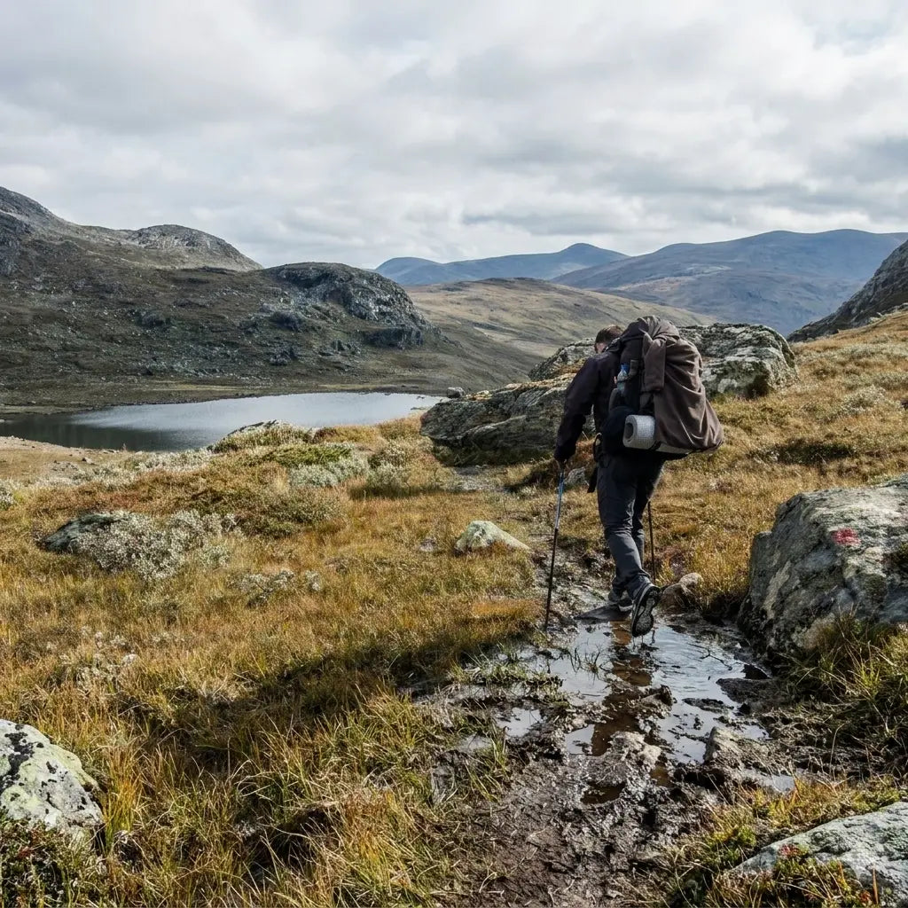 Hiker with a backpack walking through a mountain landscape with a lake and distant mountains.