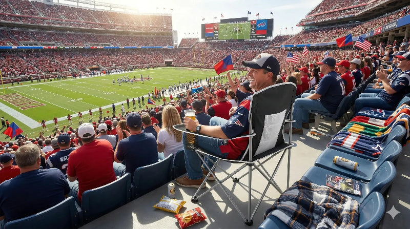 Spectators at a sports event in a stadium, with a focus on a man in a blue shirt and cap sitting in a chair.
