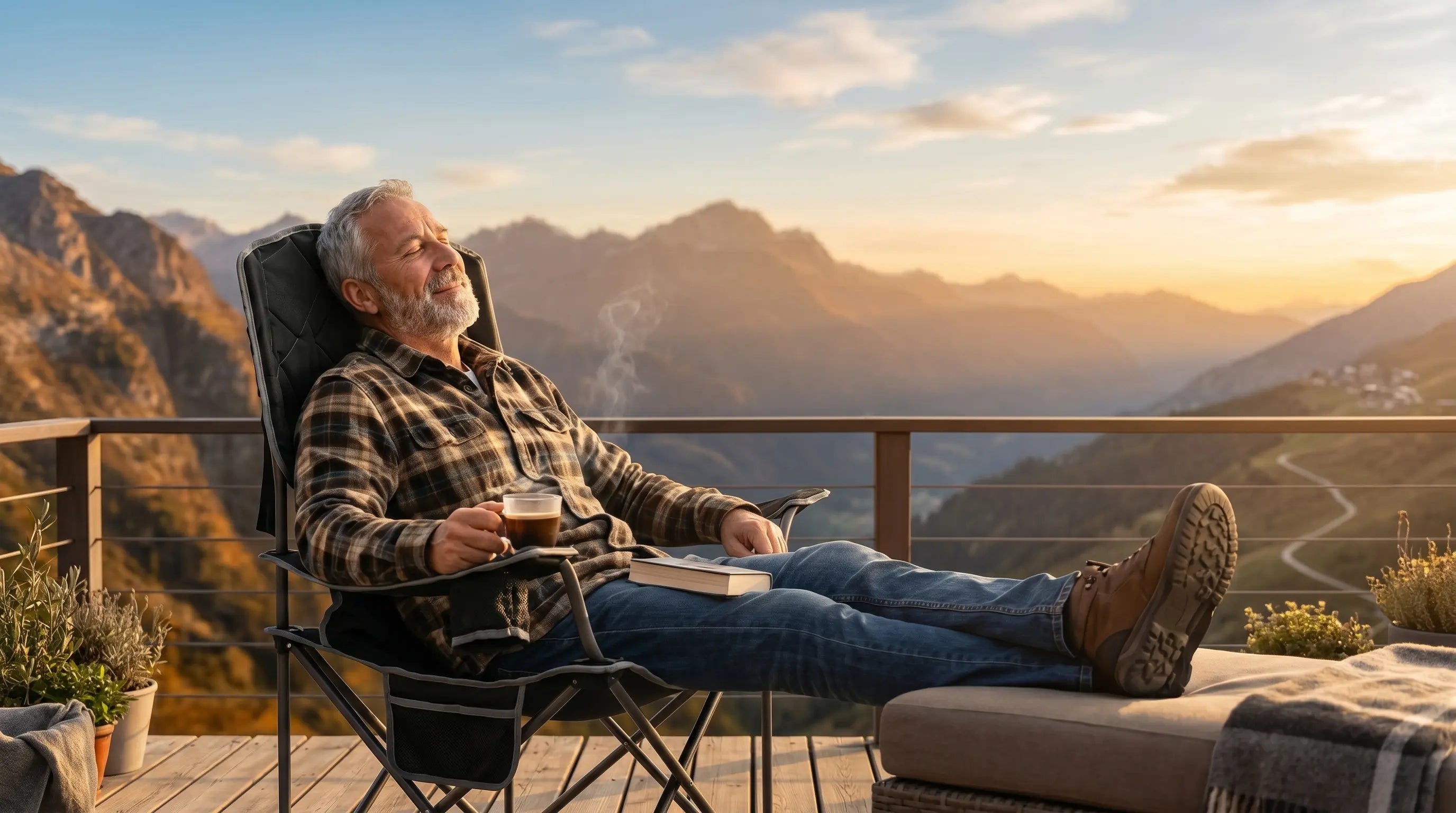 Man sitting on a deck with mountains in the background, enjoying a cup of coffee.