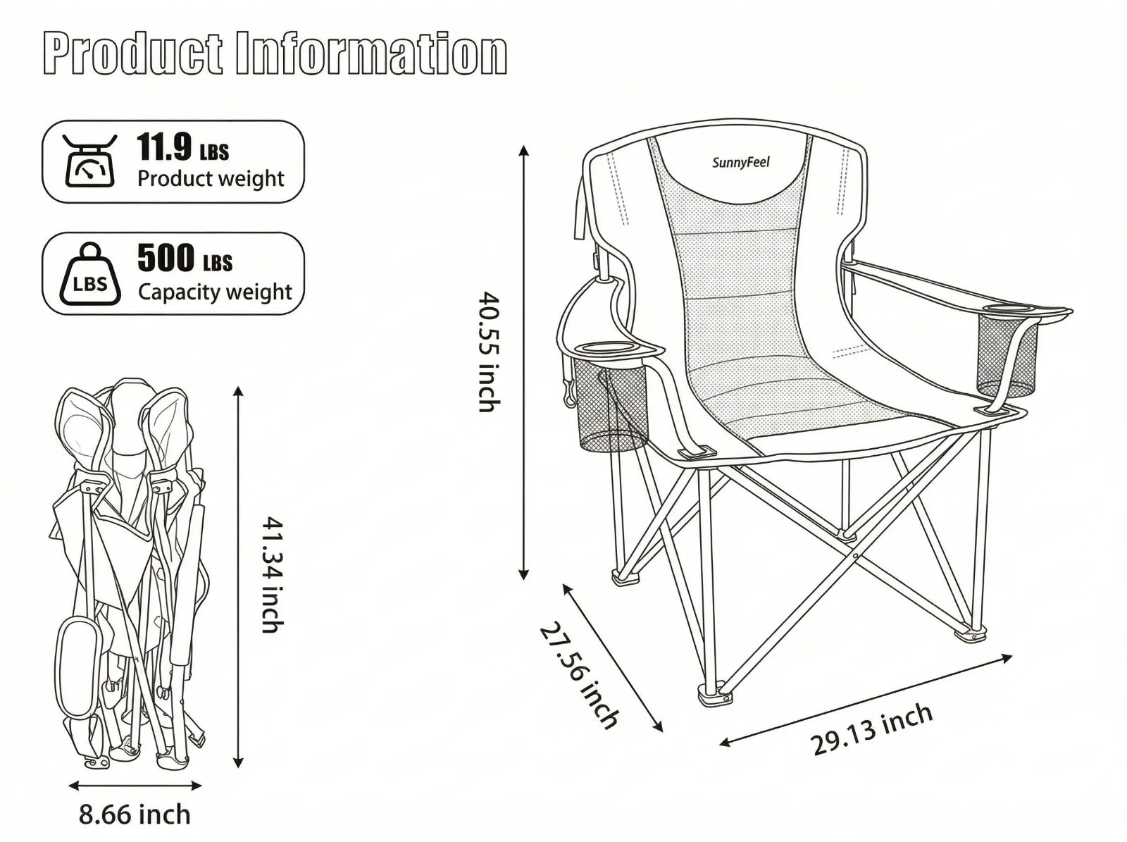 Camping chair with product information and dimensions on a white background