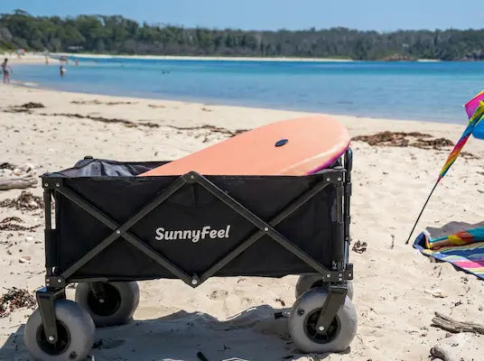 Black SunnyFeel cart with a pink surfboard on a sandy beach with ocean and trees in the background