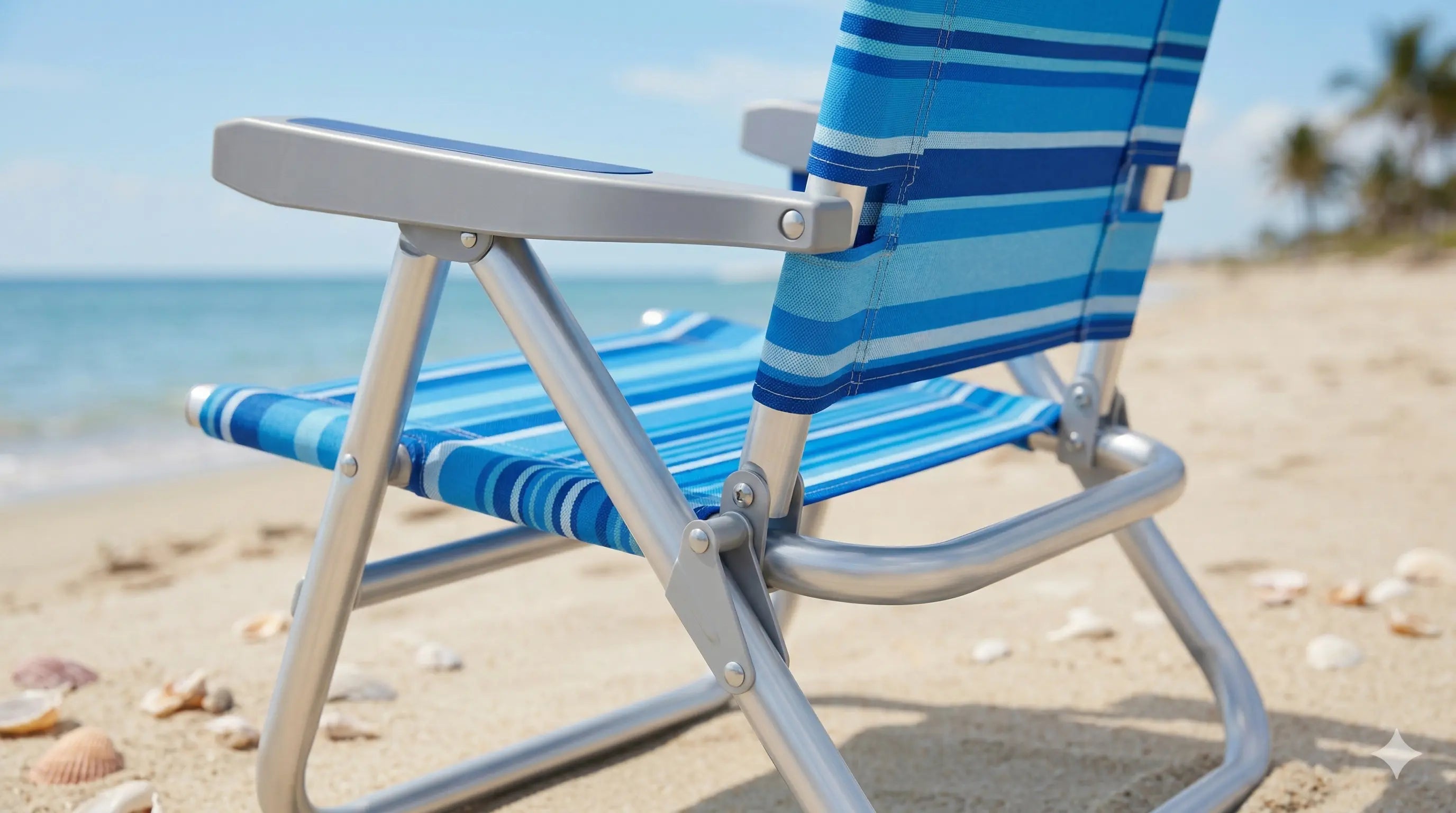 Blue and white striped beach chair on a sandy beach with ocean and sky in the background