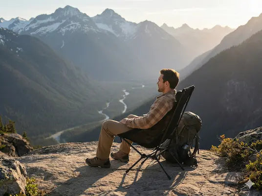 Man sitting in a chair overlooking a mountainous landscape with a river.