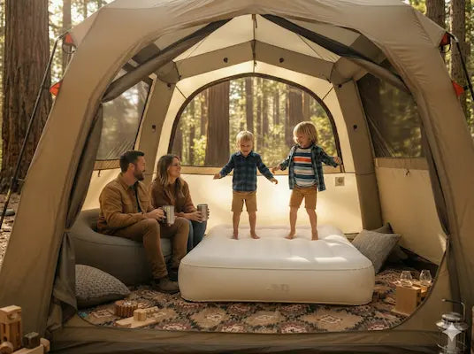 Family inside a camping tent in a forest setting