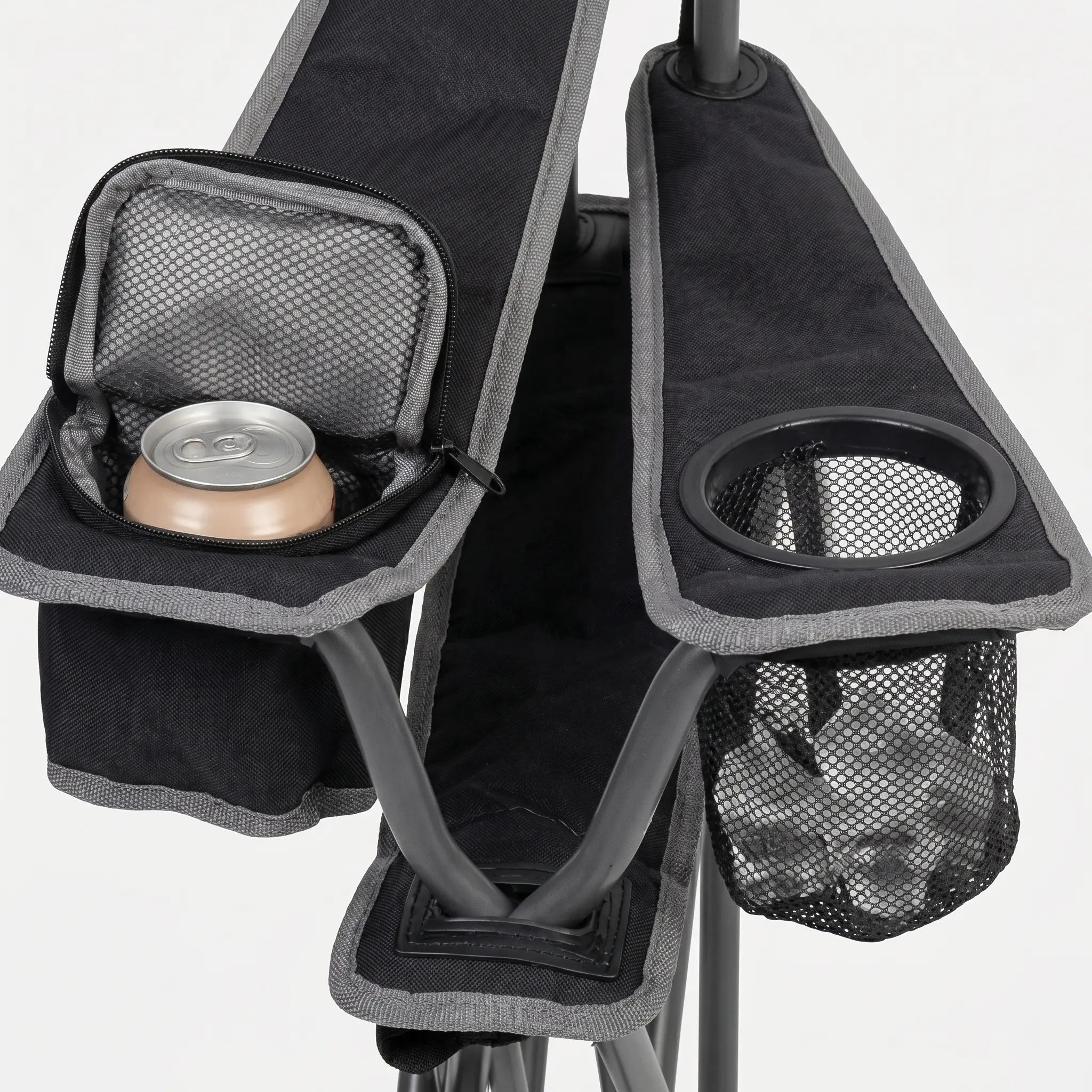 Black and gray stroller organizer with cup holders and drink containers.