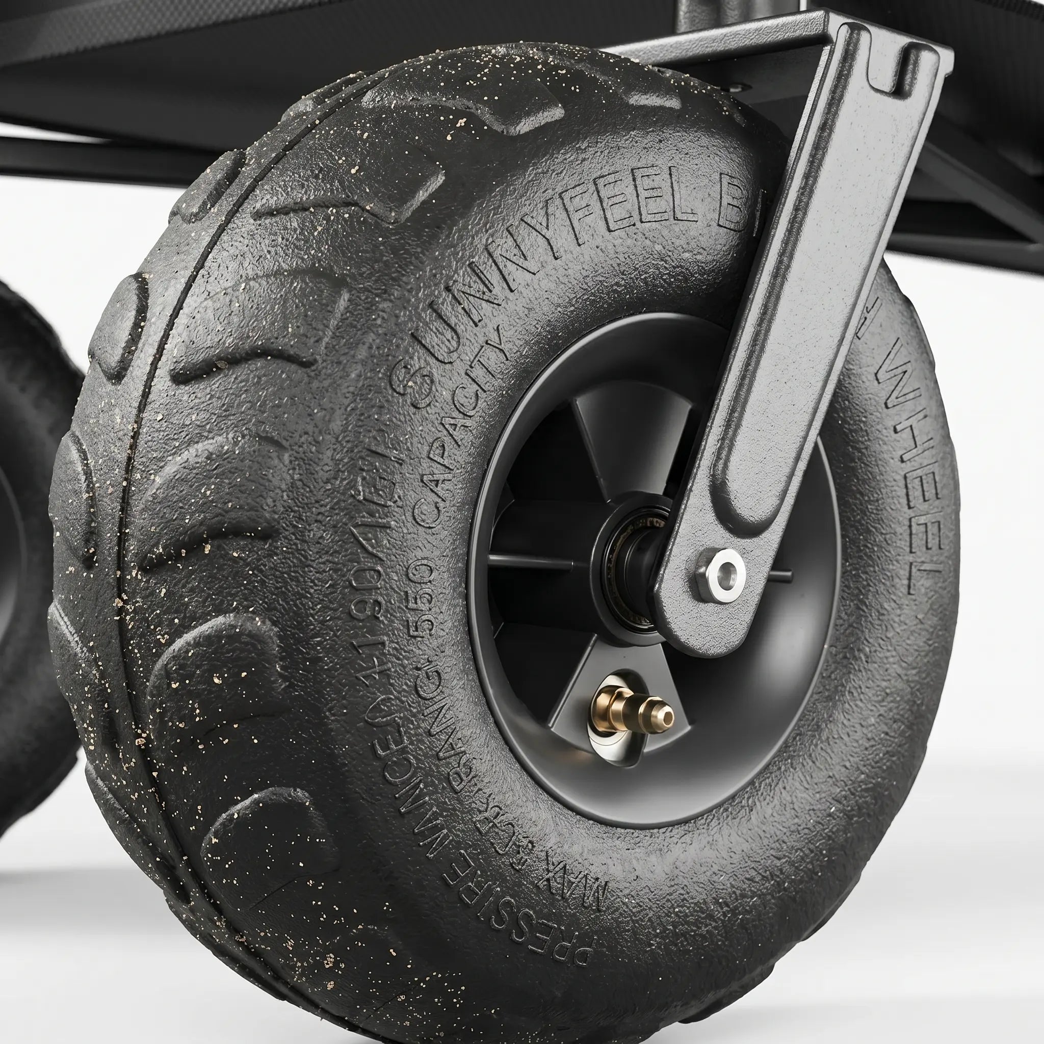 Close-up of a black wheel with 'Sunnyfeel' branding on a white background