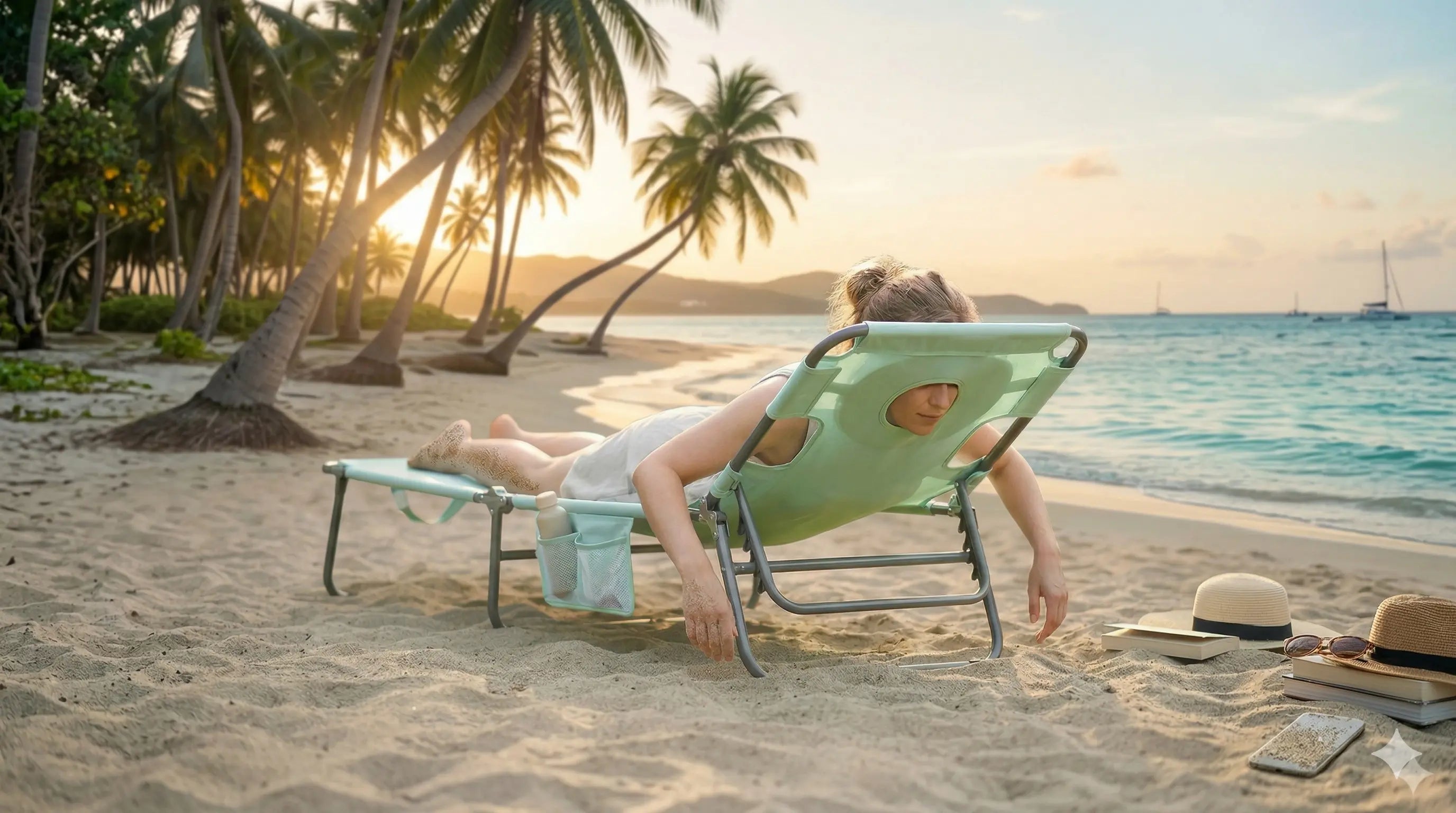 Person relaxing on a beach chair by the ocean with palm trees and sunset.