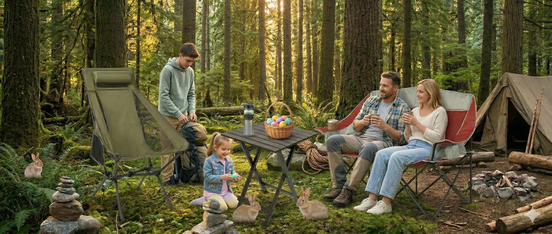 Family camping in a forest with a tent, chairs, and a table.