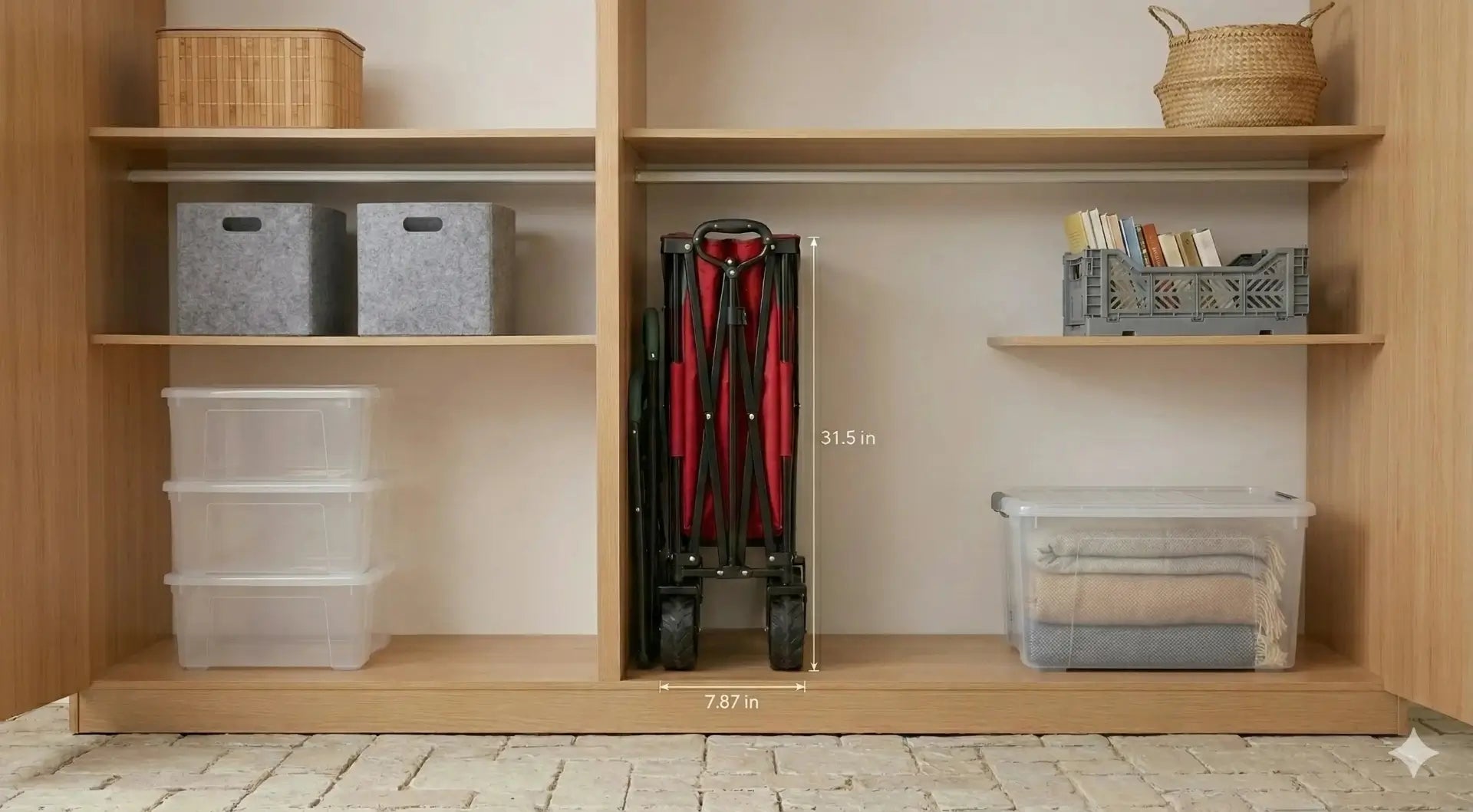 Closet with shelves containing storage bins and a folding step stool.