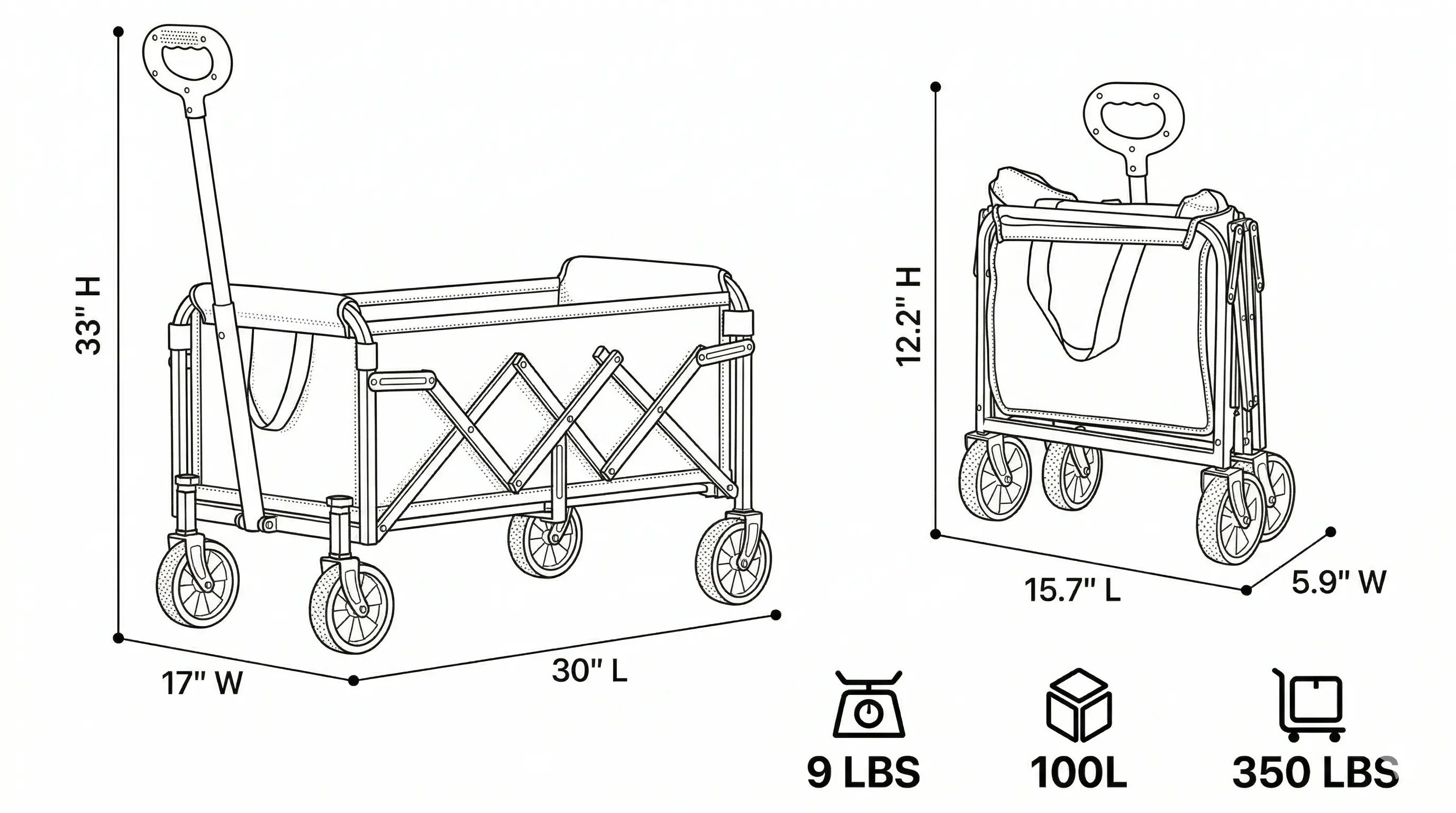 Measurement chart of a folding cart with dimensions and weight capacity on a white background