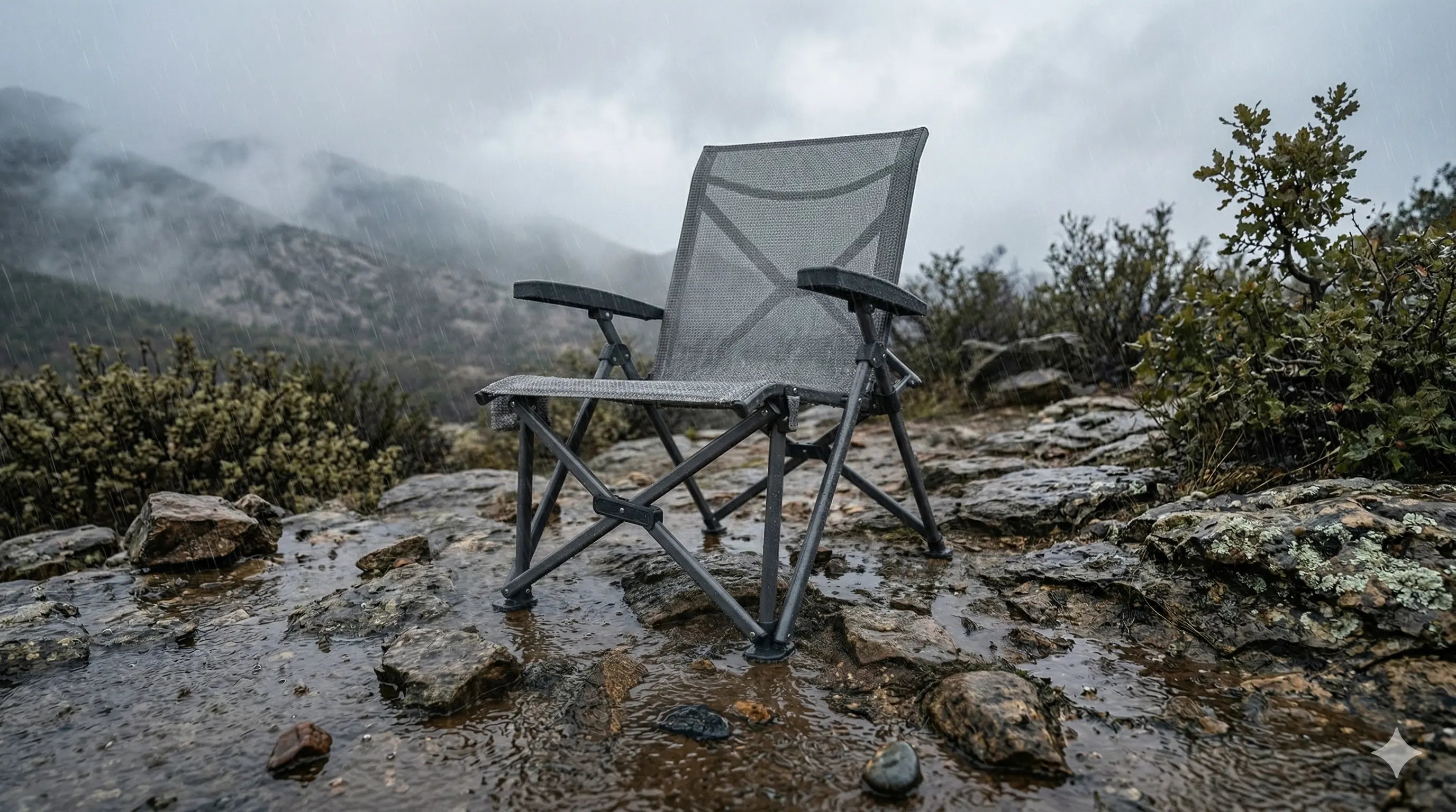 Foldable chair on a rocky mountain path with misty mountains in the background