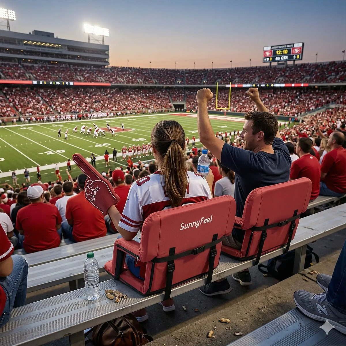 People sitting on bleachers at a sports stadium with a 'SunnyFeel' branded seat.