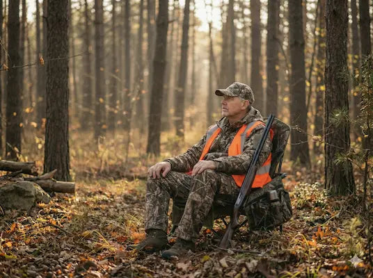 Hunter in camouflage and orange vest sitting in a forest