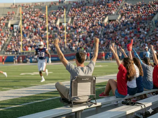 People cheering at a sports event with a person in a folding chair in the foreground.