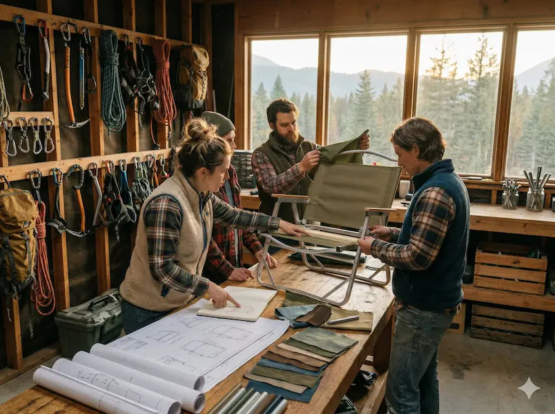 Three people in a workshop setting with tools and materials, surrounded by large windows showing a mountain view.