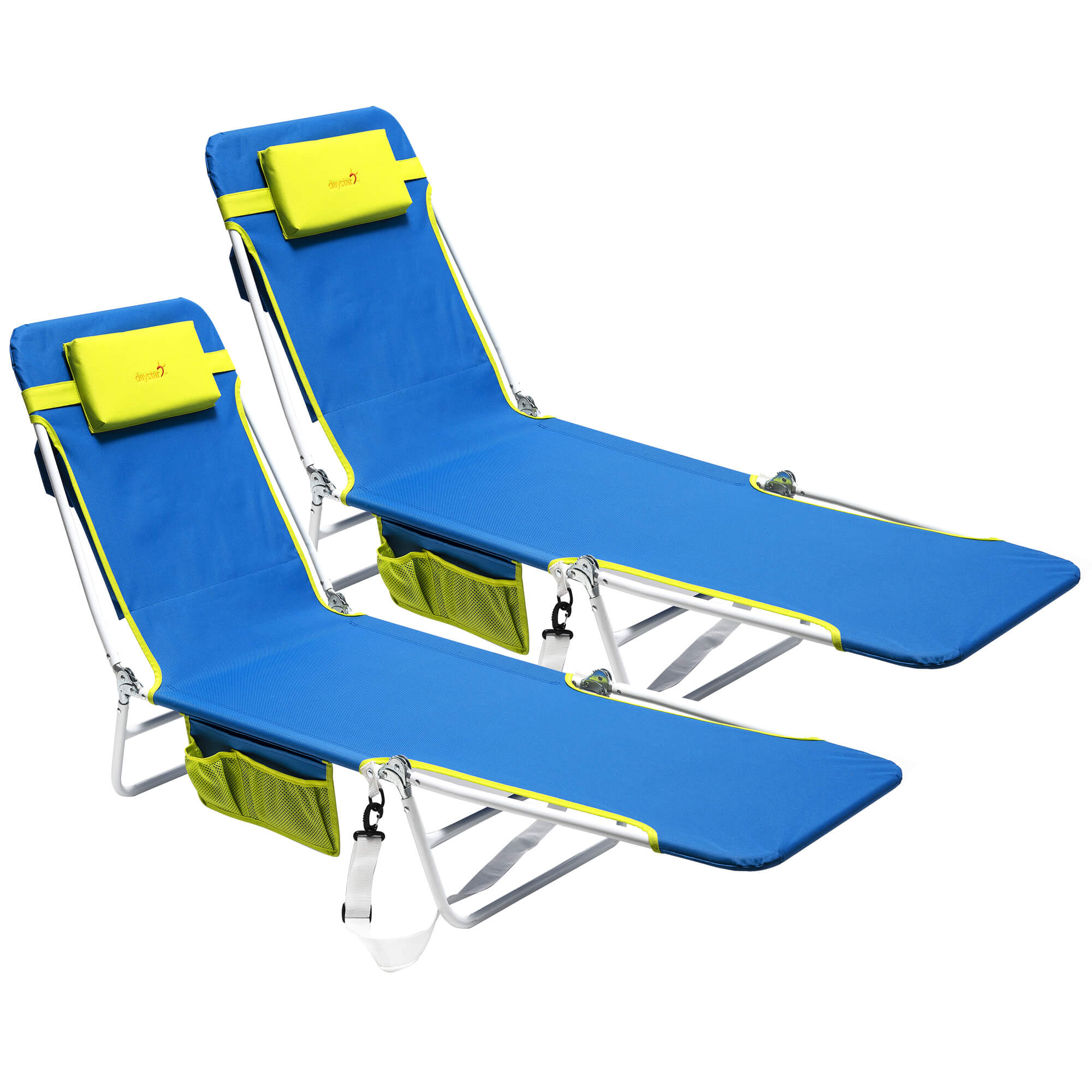 Blue folding beach chair with green accents on a white background