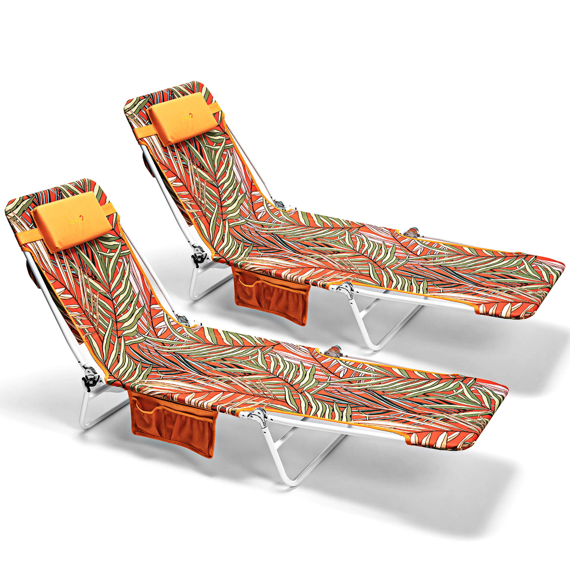 Two folding lounge chairs with leaf pattern and orange side tables on a white background