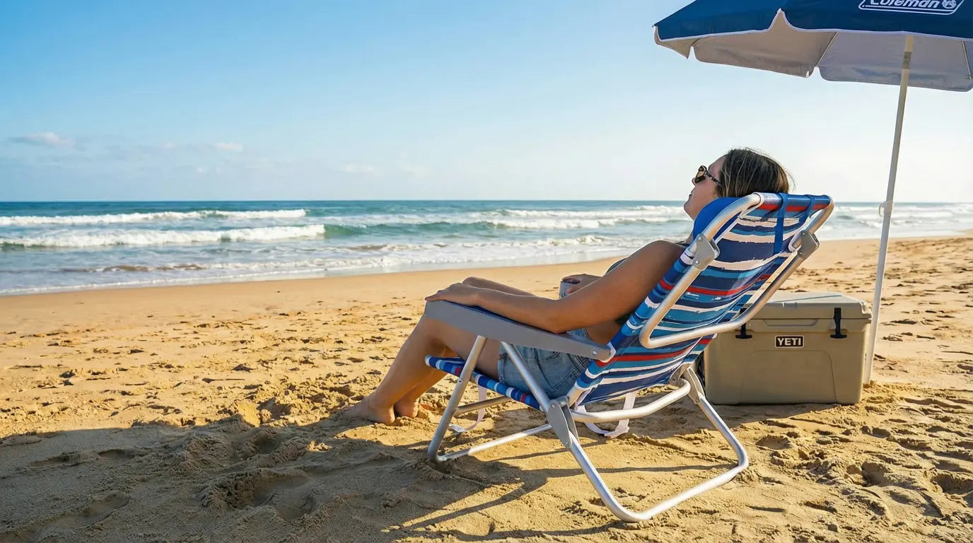 Person relaxing on a beach chair under an umbrella with a cooler box nearby.