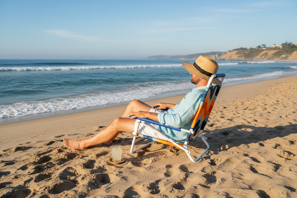 Person relaxing on a beach chair by the ocean