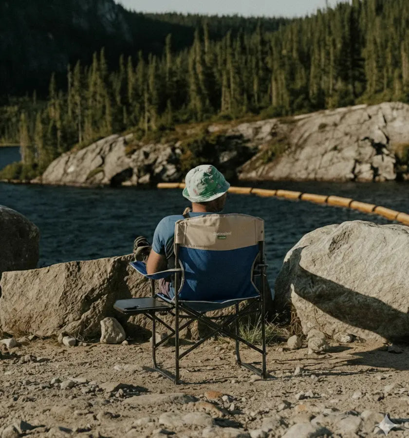 Person sitting in a folding chair by a lake with a forested background
