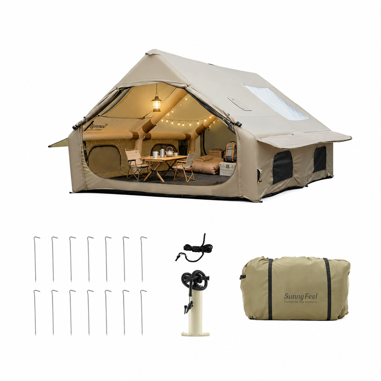 Camping tent with interior view, accessories, and SunnyBell branding on a white background
