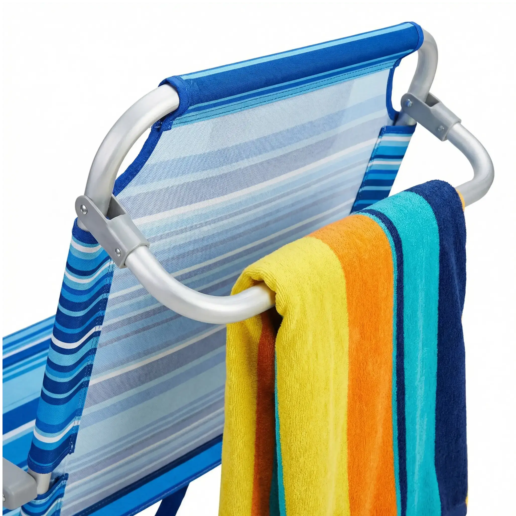 Foldable chair with colorful towels draped over it on a white background
