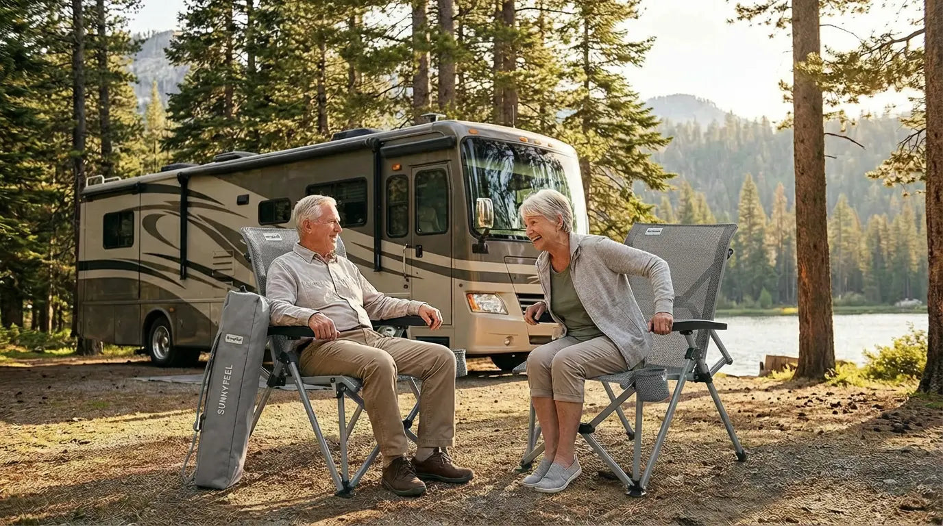 Two people sitting in chairs in front of an RV in a forest setting.