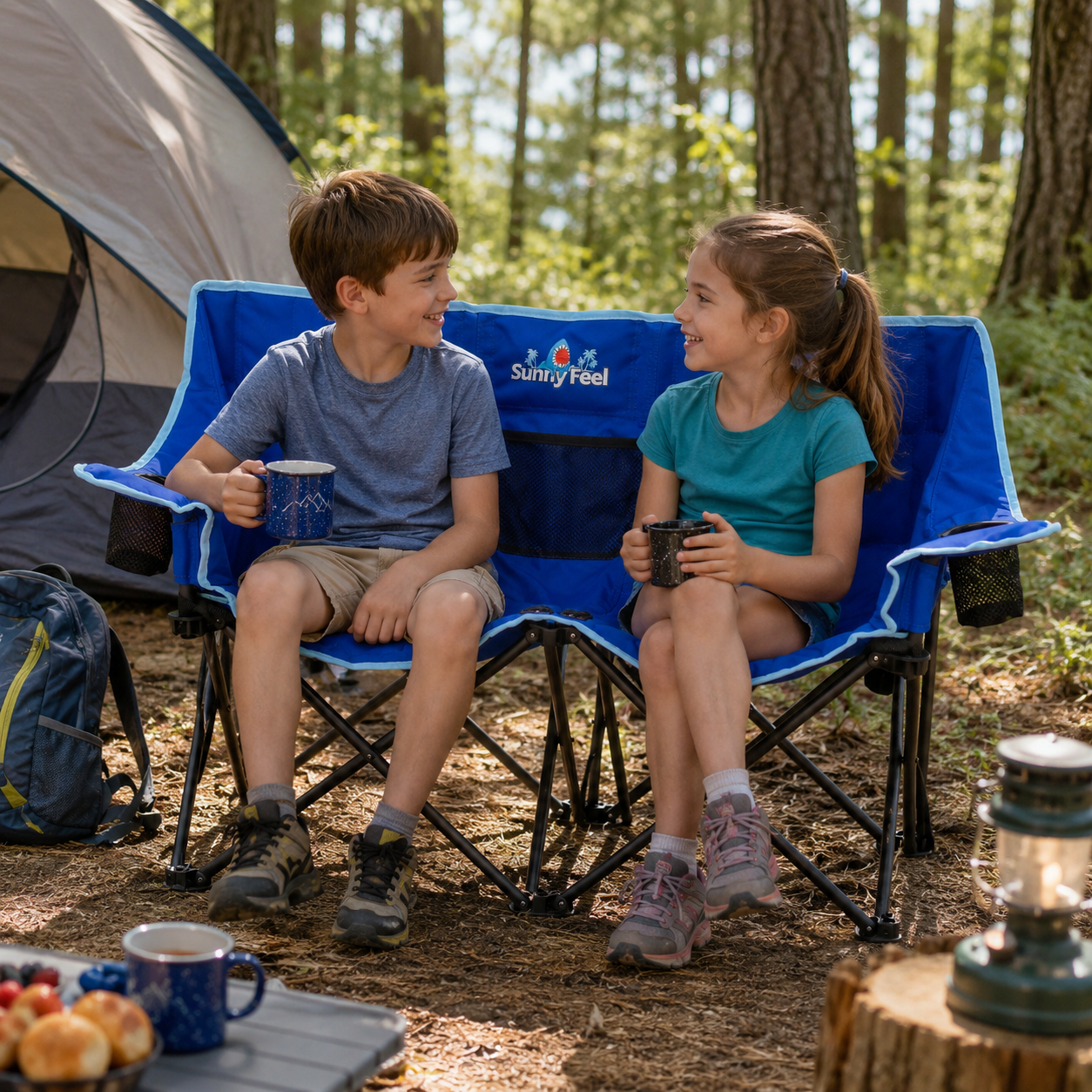 Blue SUNNYFEEL 2-seat folding camping chair with kids sitting by a tent