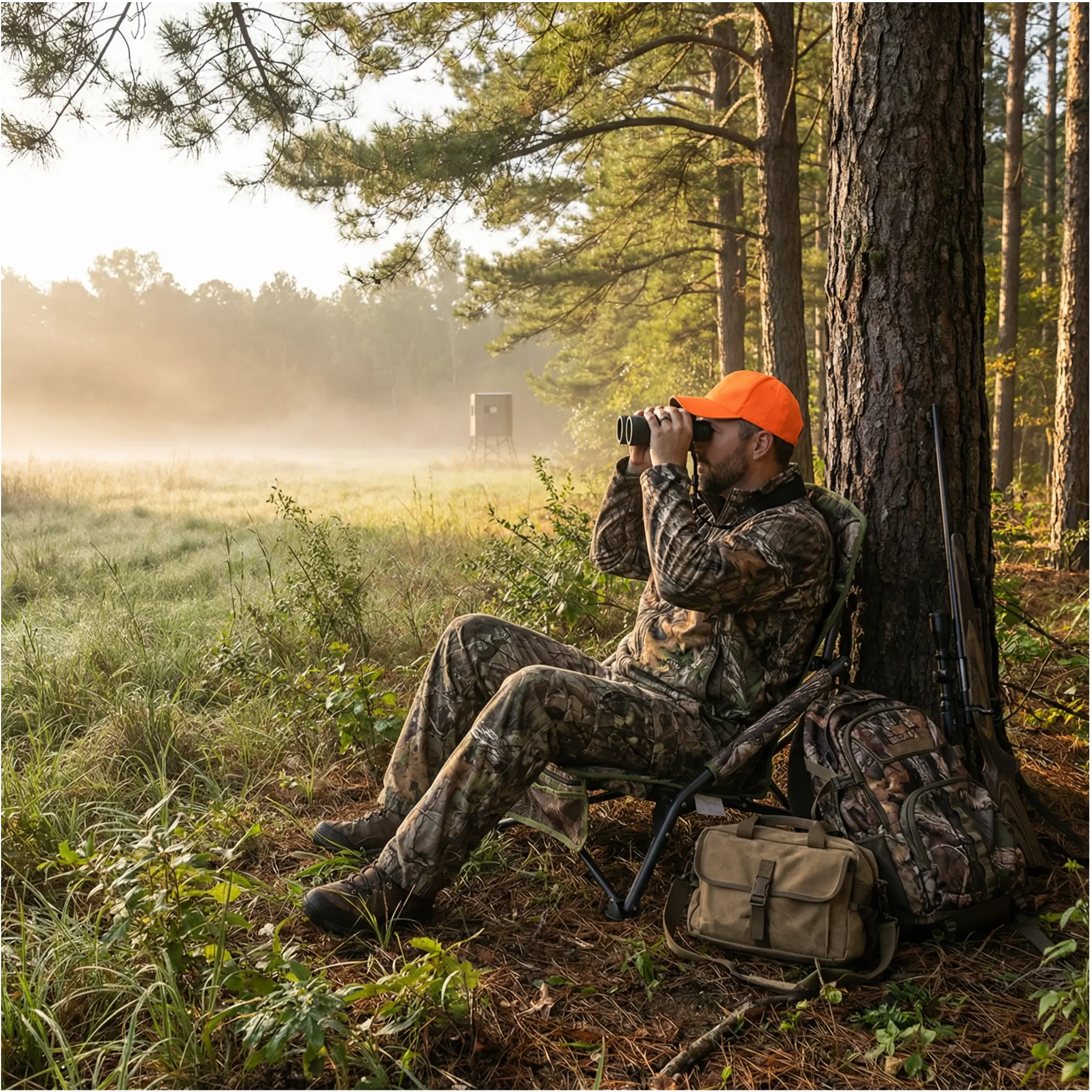 Hunter in camouflage gear and orange cap using binoculars in a forest setting