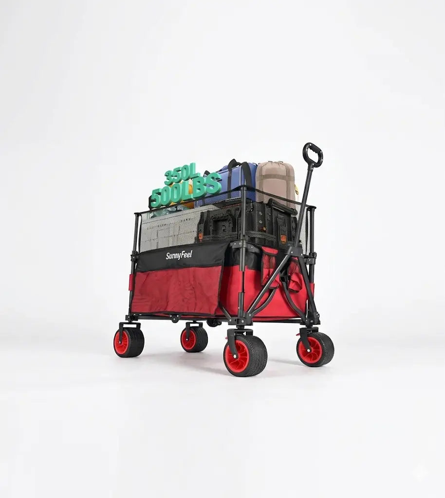 Red and black folding wagon with various items on a white background