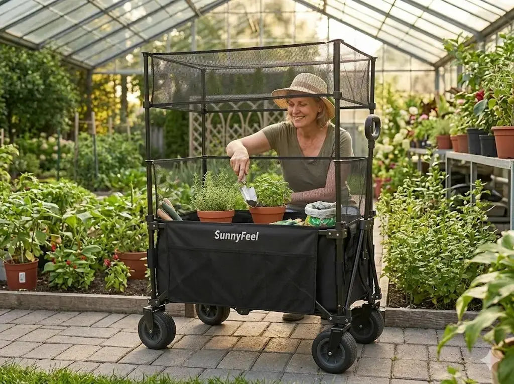 Woman pushing a SunnyFeel wagon filled with plants in a greenhouse.