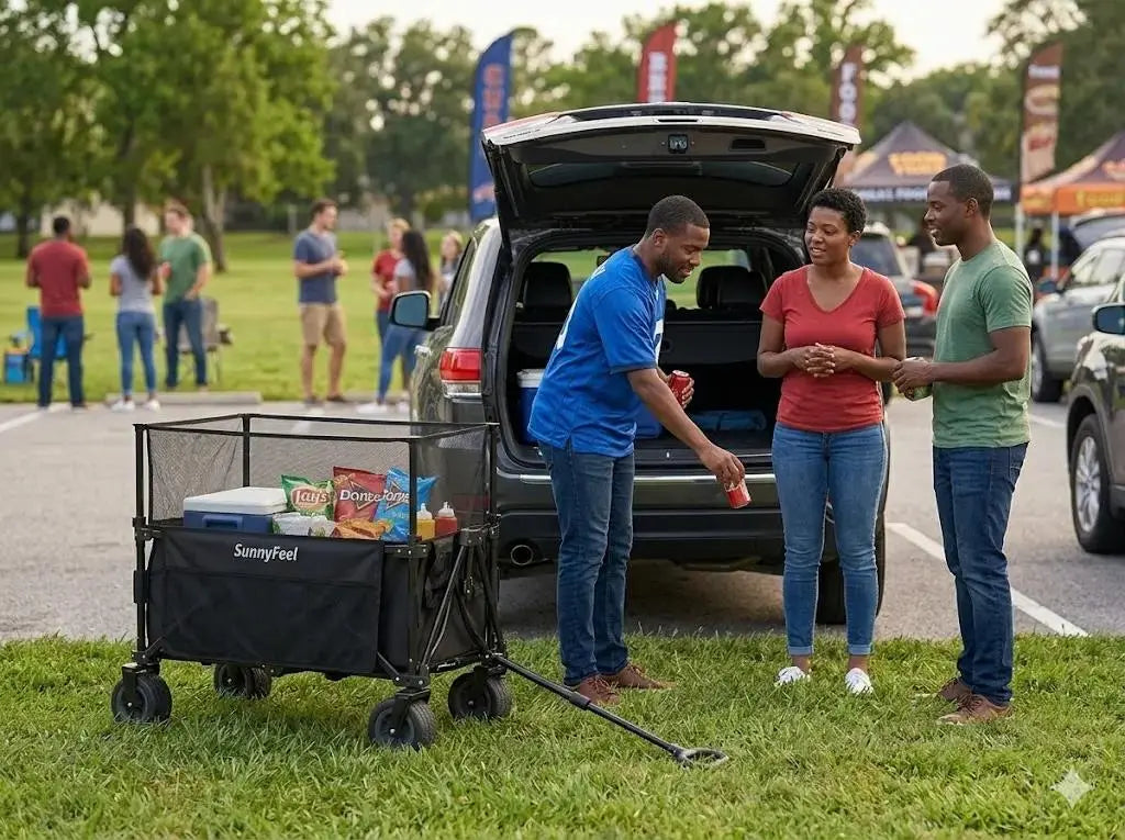 Three people standing around an open car trunk with a SunnyFeel cart and snacks.