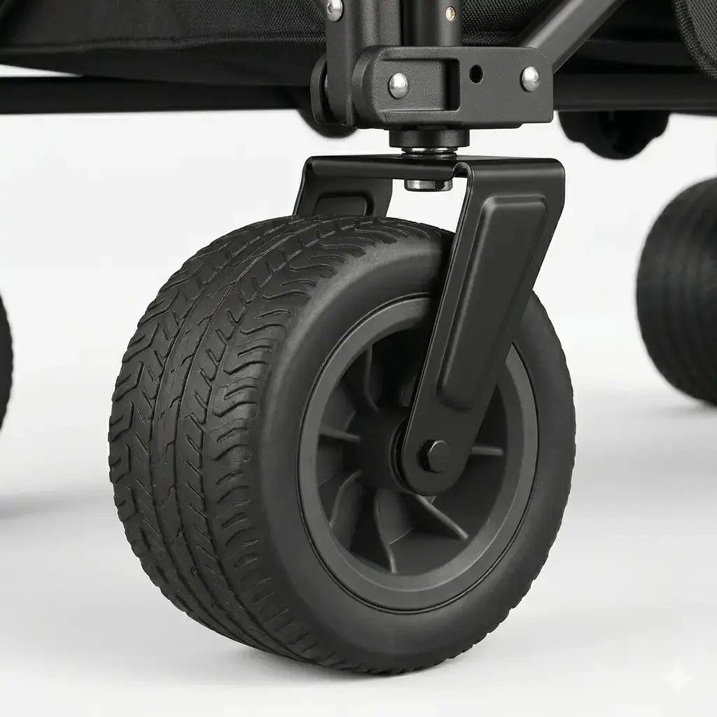 Close-up of a black wheel on a stroller with a white background