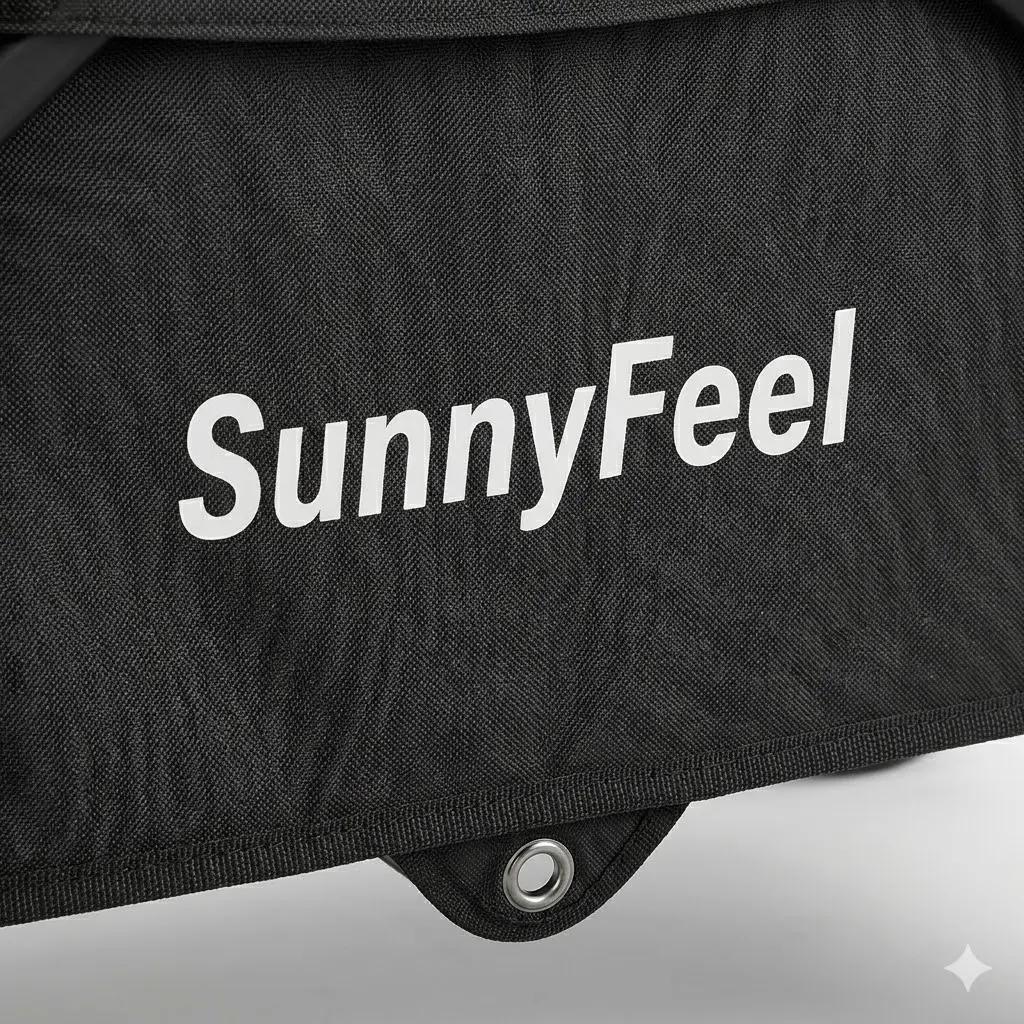 Black bag with 'SunnyFeel' branding on a gray background