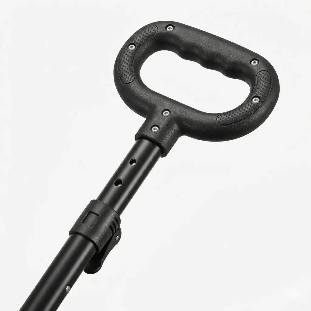 Black metal handle with ergonomic design on a white background