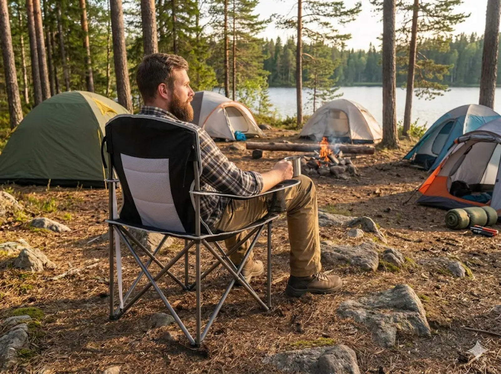 Man sitting in a camping chair by a campfire with tents and a lake in the background