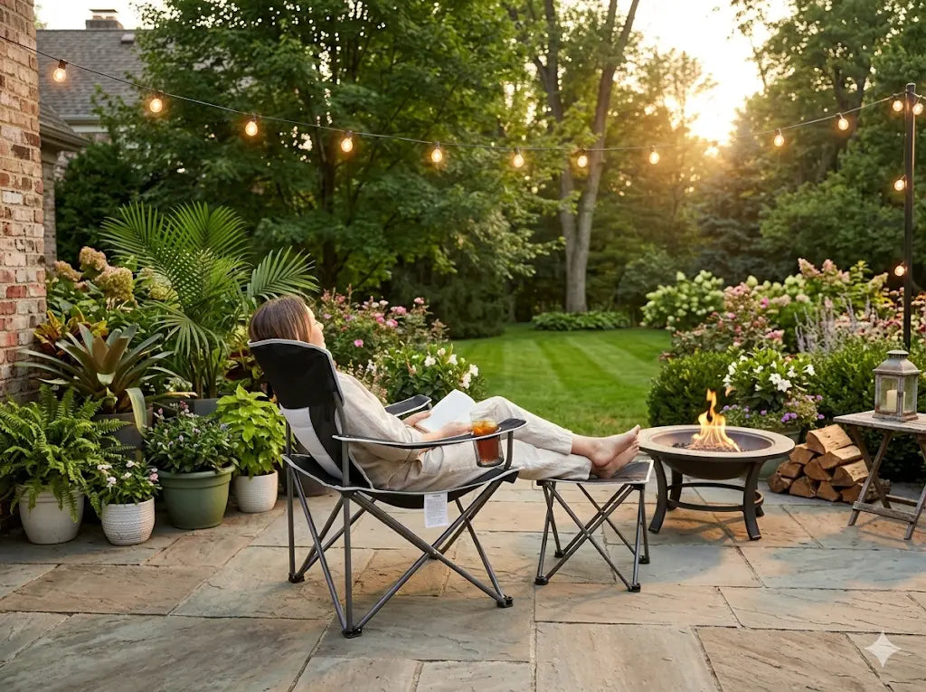 Person sitting in a chair by a fire pit in a garden setting with string lights and plants.
