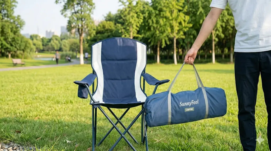 Camping chair with carrying bag on grassy area