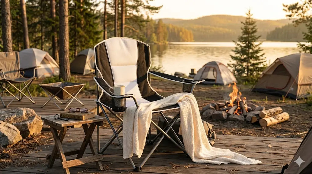 Camping scene with chairs, table, and fire pit by a lake with tents in the background.