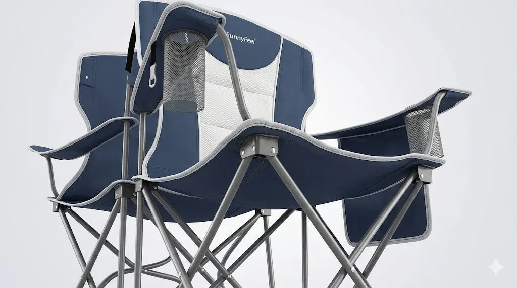 Blue camping chair with mesh back on a white background