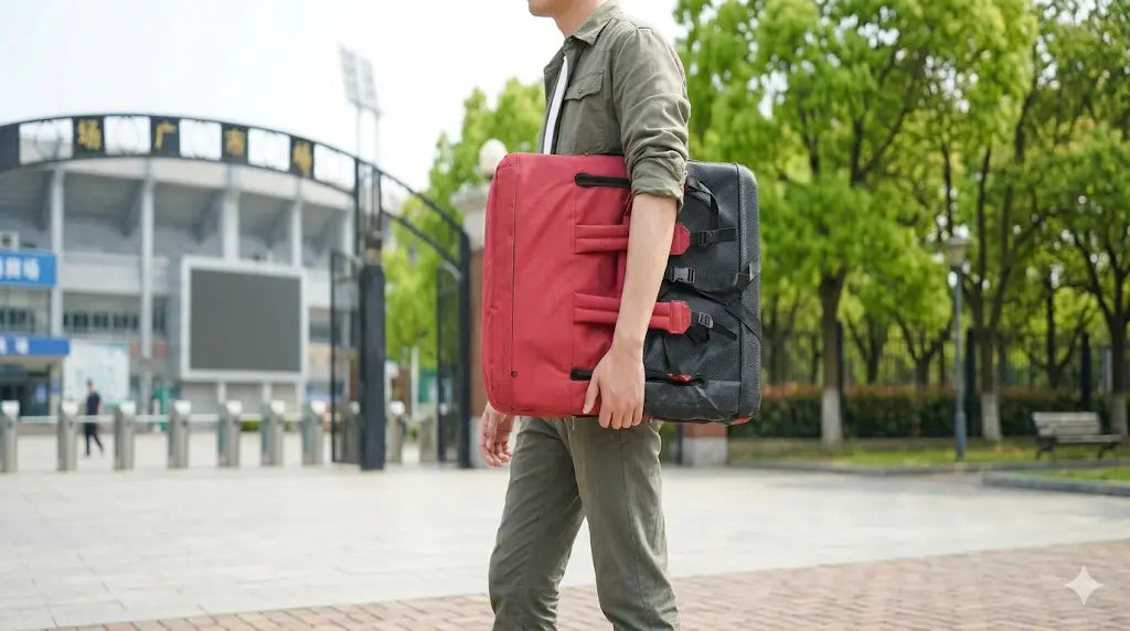 Person carrying two suitcases, one red and one black, outdoors.