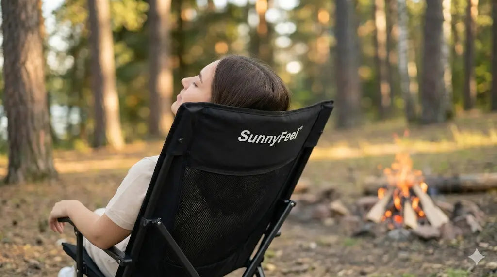 Person relaxing in a SunnyFeel chair by a campfire in a forest