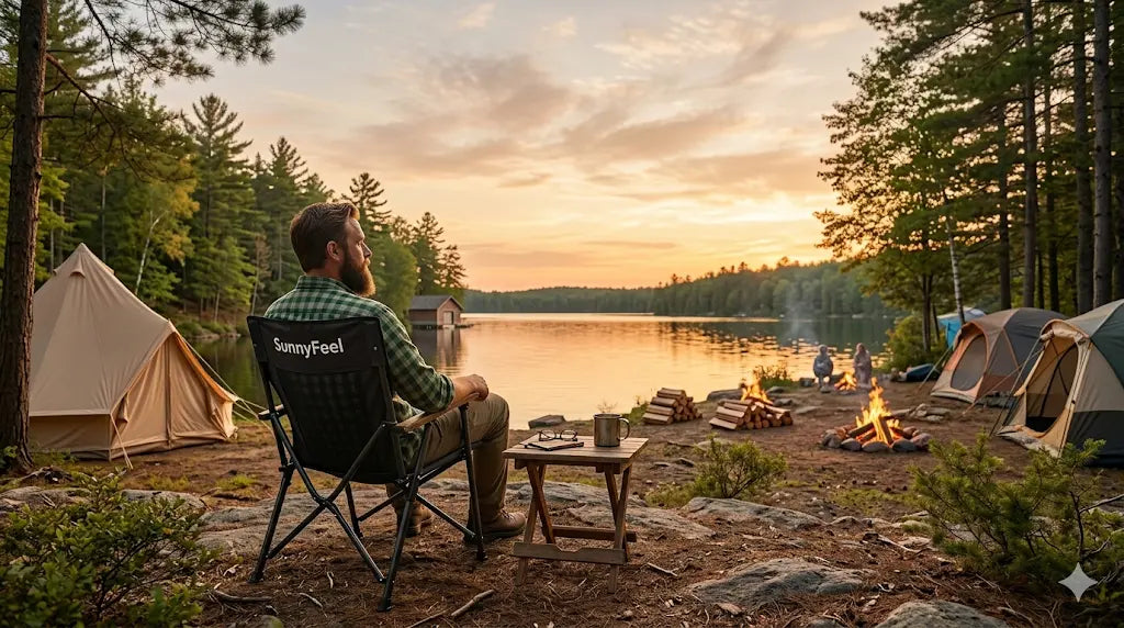 Man sitting in a chair by a campfire with tents and a lake in the background during sunset.