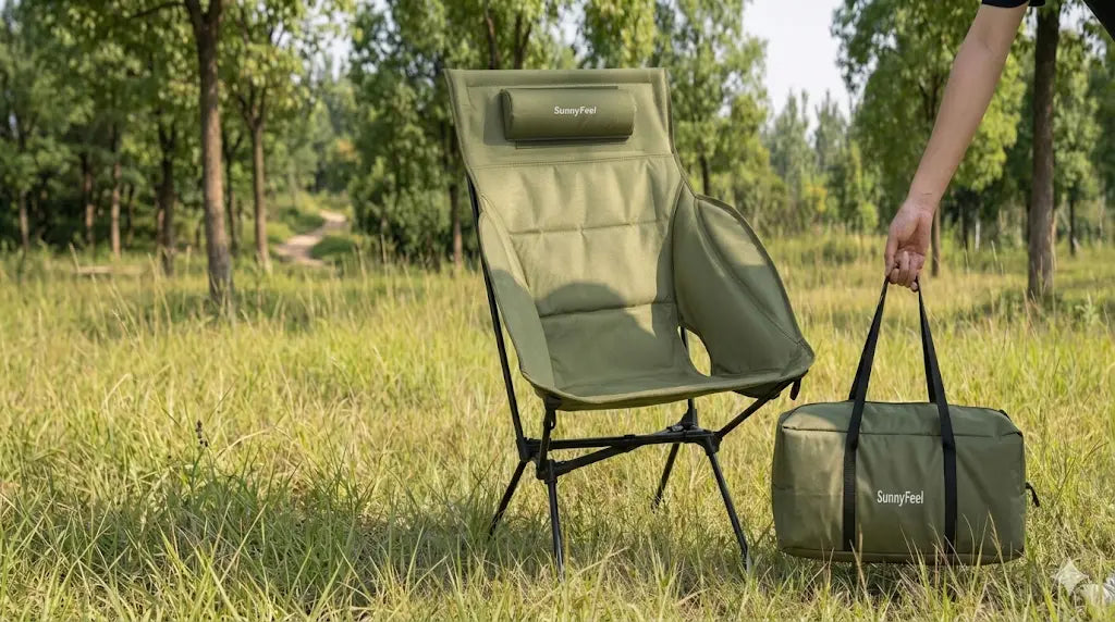 Green camping chair and bag in a grassy outdoor setting
