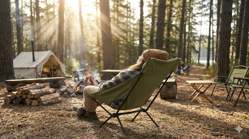 Person relaxing in a green camping chair by a campfire in a forest setting.