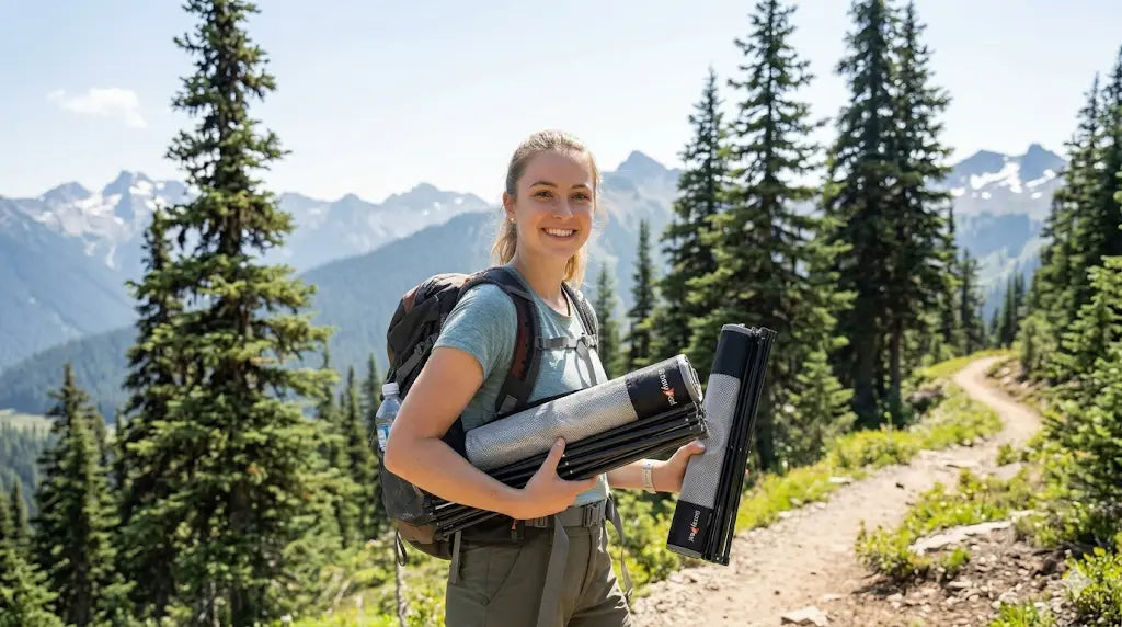 Person hiking with camping gear in a mountainous area