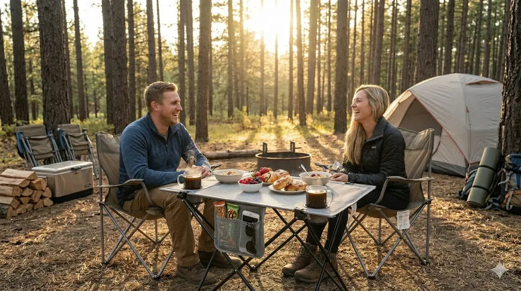 Two people sitting at a camping table in a forest with a sunset.